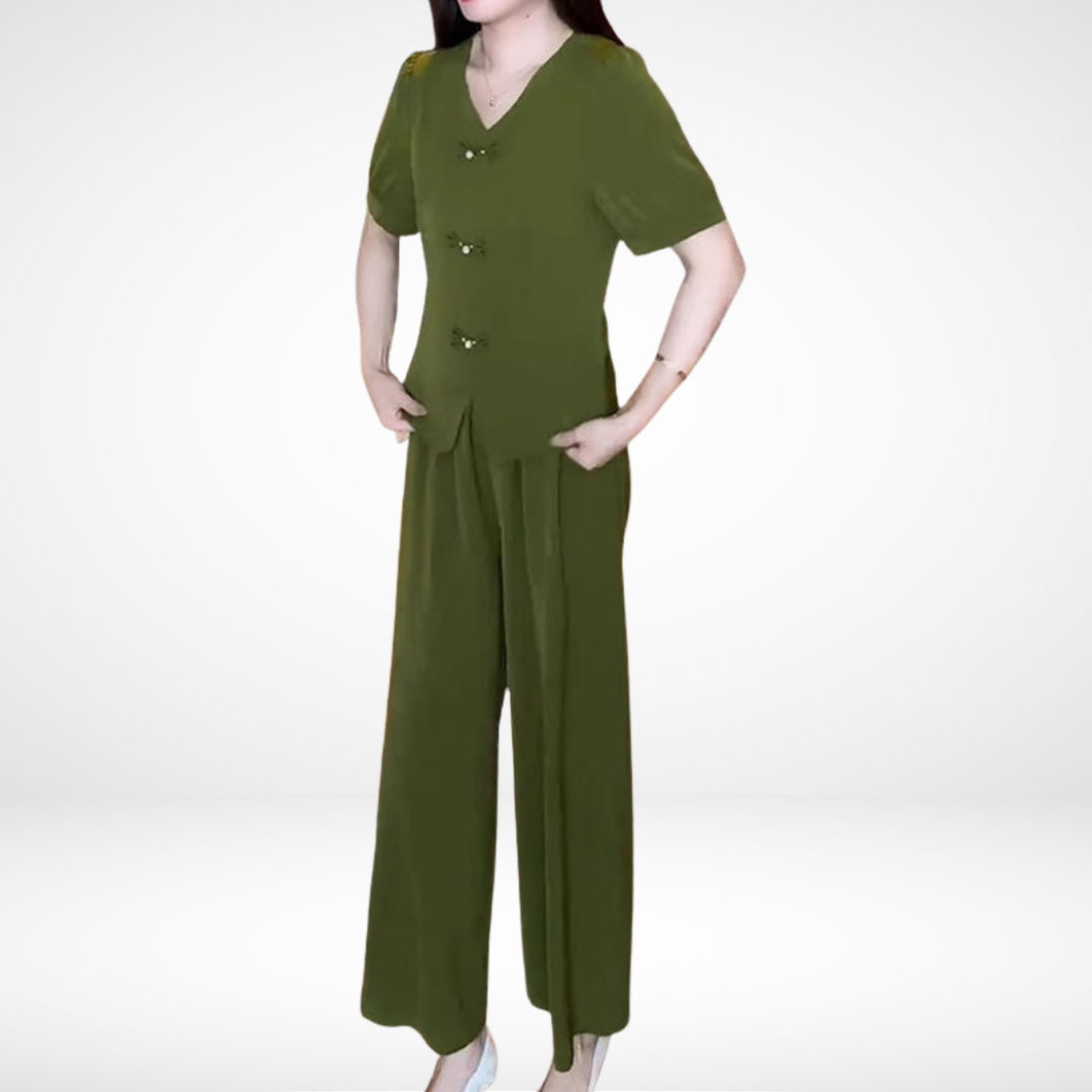 Elsie™ Elegant Short-Sleeve Two-Piece Set | V-Neck Top and Wide-Leg Pants